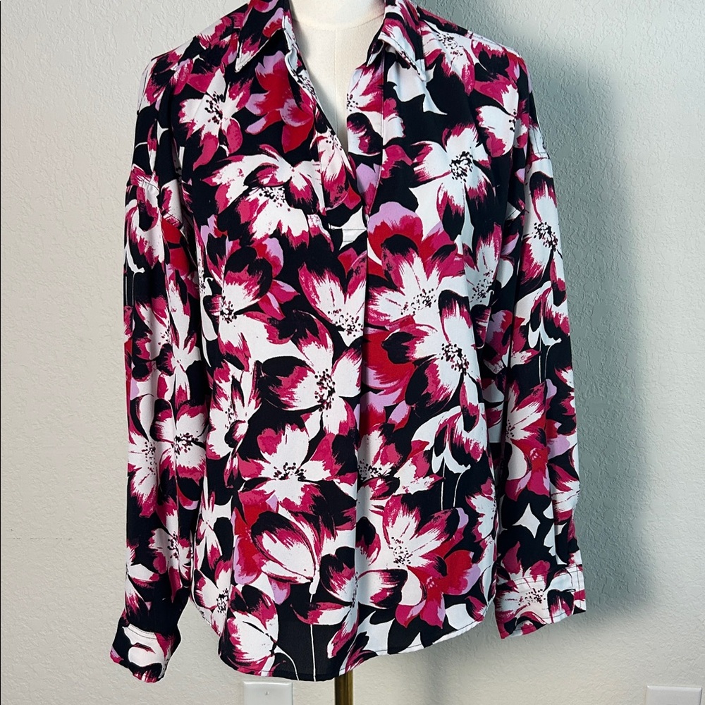 Rafaella Floral Button Down Shirt - Pink and Black